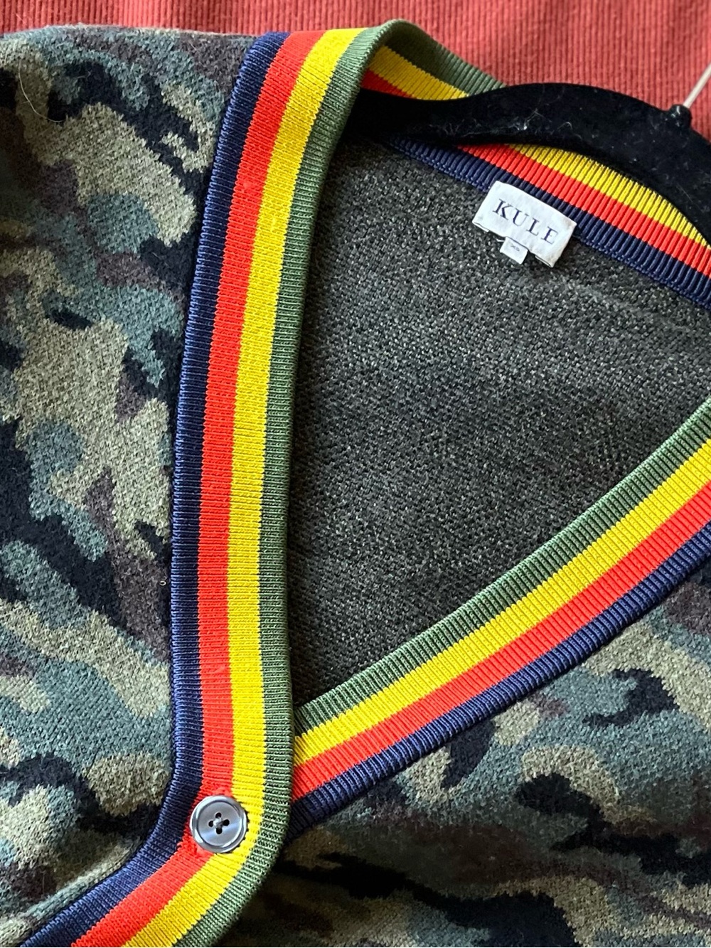KULE Olive Camo Cardigan with Rainbow Rib Trim